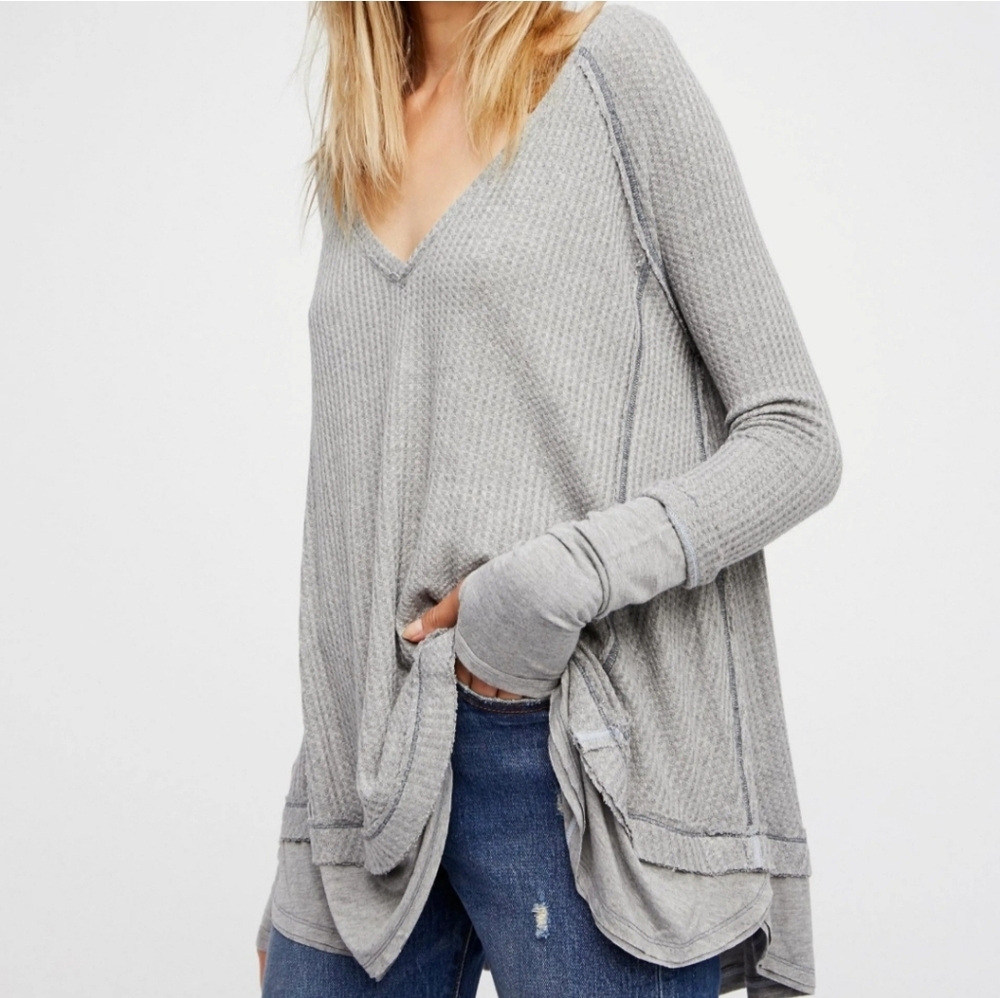 Free People Pacific Green Waffle Knit‎ Neck Oversized Boho Top Size Small